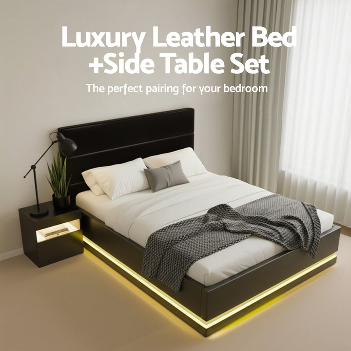 RGB LED Double Bed Frame with Beside Table Set 16 Colour Mood Lighting