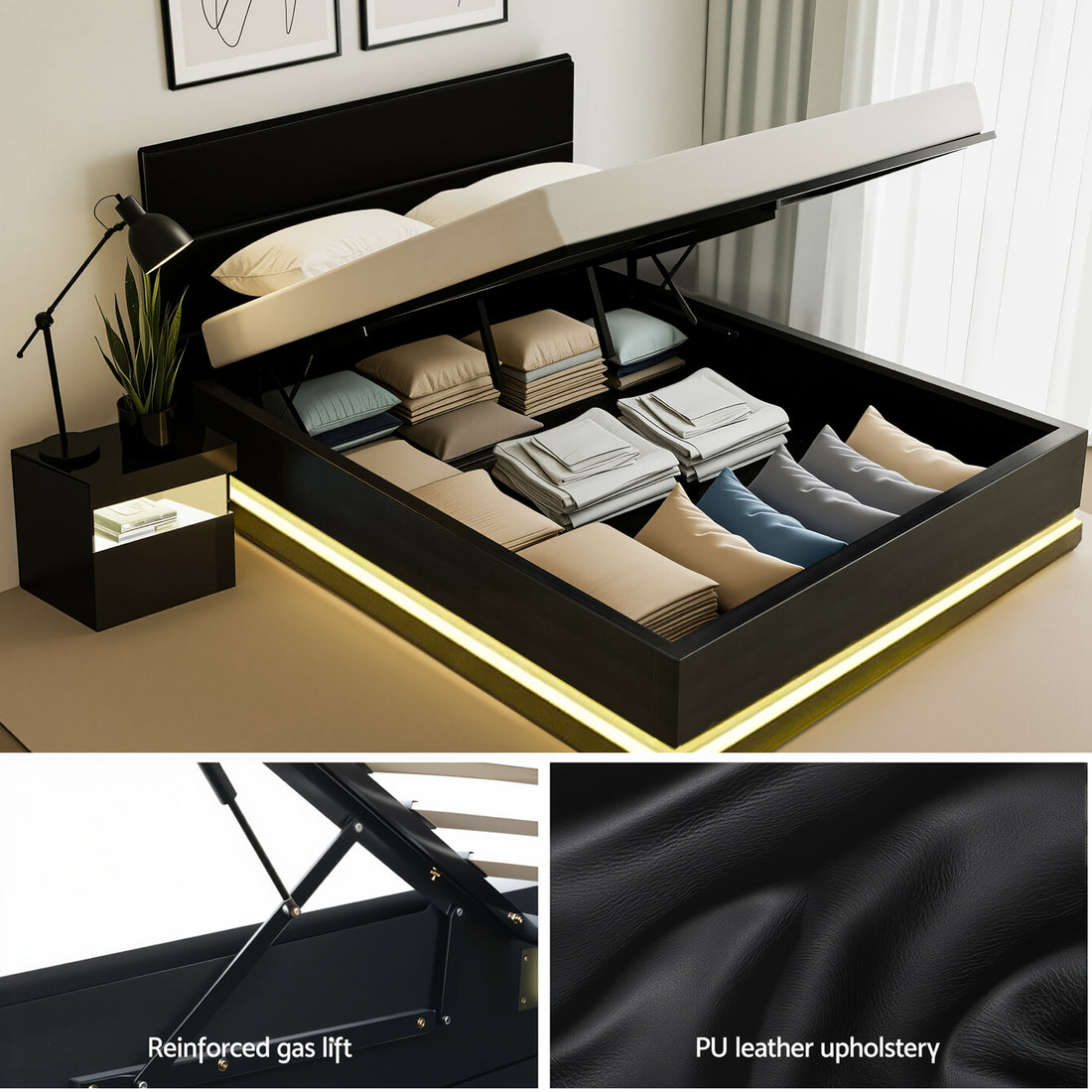 RGB LED Double Bed Frame with Beside Table Set 16 Colour Mood Lighting