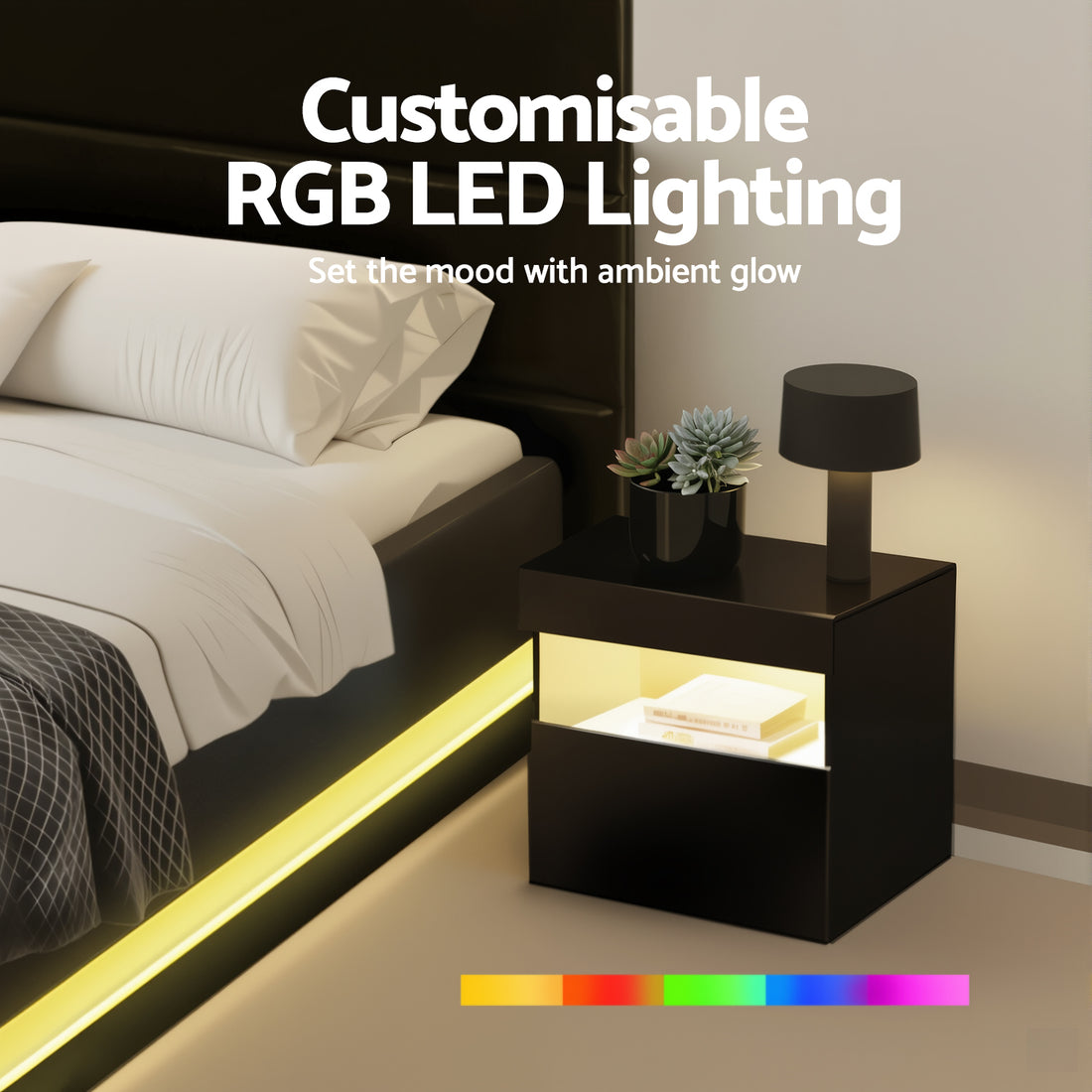 RGB LED Double Bed Frame with Beside Table Set 16 Colour Mood Lighting