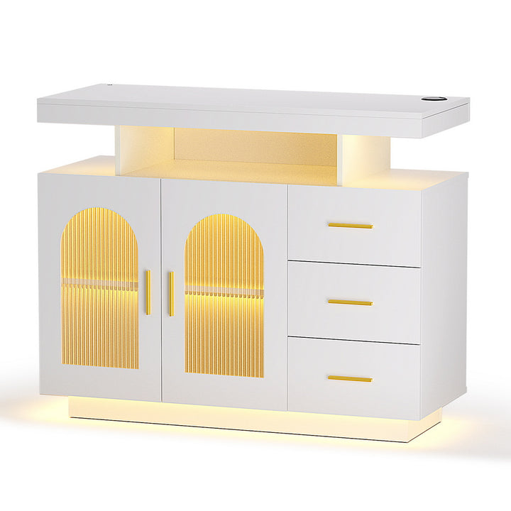 White Buffet Sideboard Cabinet LED Clear Door Kitchen Storage Drawers White