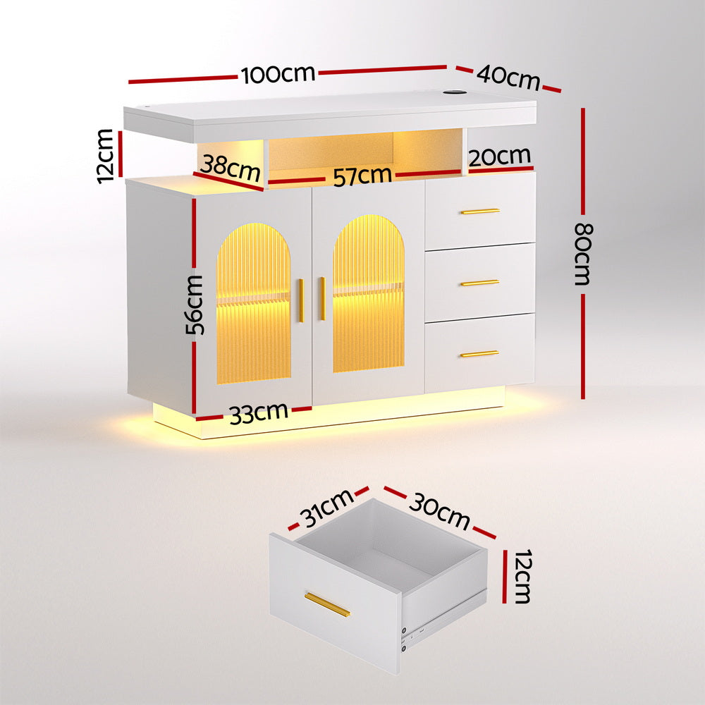White Buffet Sideboard Cabinet LED Clear Door Kitchen Storage Drawers White