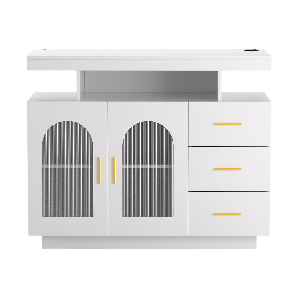 White Buffet Sideboard Cabinet LED Clear Door Kitchen Storage Drawers White
