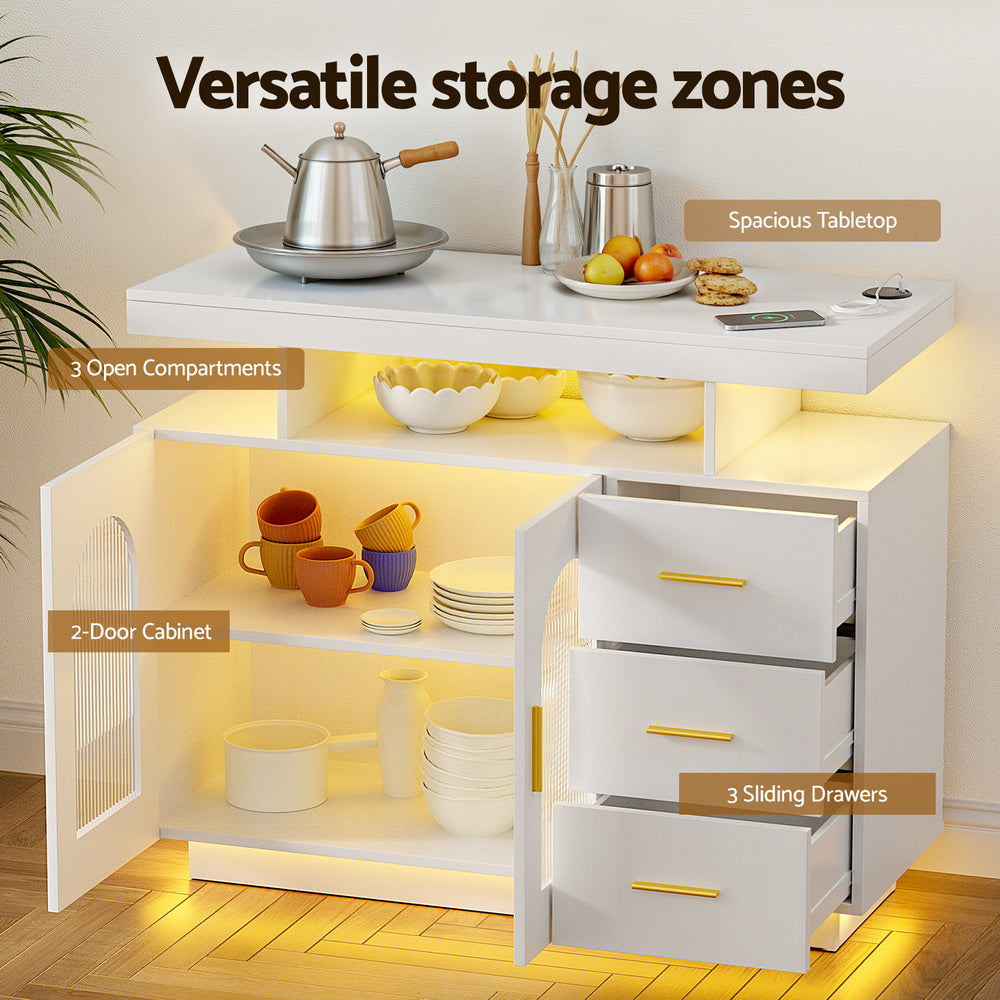 White Buffet Sideboard Cabinet LED Clear Door Kitchen Storage Drawers White