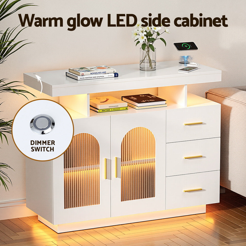 White Buffet Sideboard Cabinet LED Clear Door Kitchen Storage Drawers White