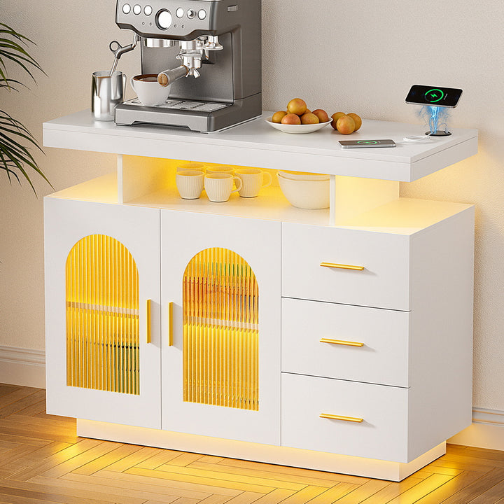 White Buffet Sideboard Cabinet LED Clear Door Kitchen Storage Drawers White