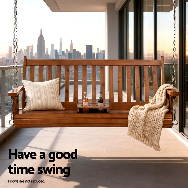 Porch Outdoor Swing Chair Patio Furniture Wooden Bench 2 Seat Cup Holder