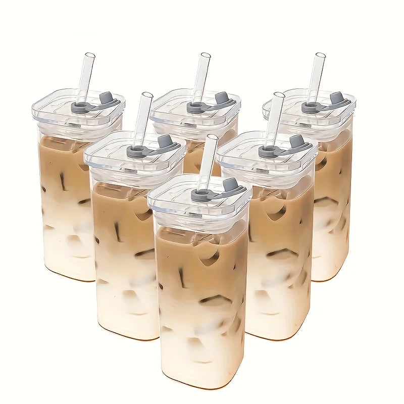 6-Piece Square Glass with Lid - Portable Drinking Mug and Coffee Mug with Lid/Straw