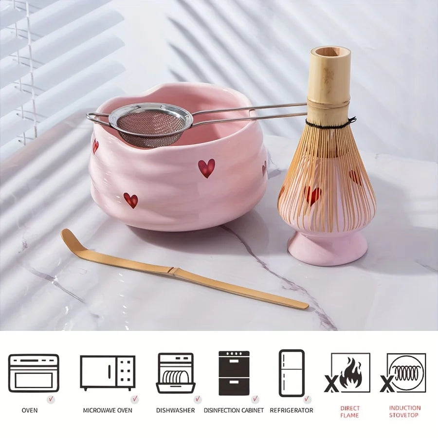 5pc Pink Heart Decal Ceramic Matcha Set