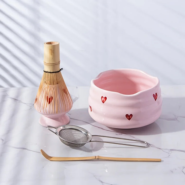 5pc Pink Heart Decal Ceramic Matcha Set