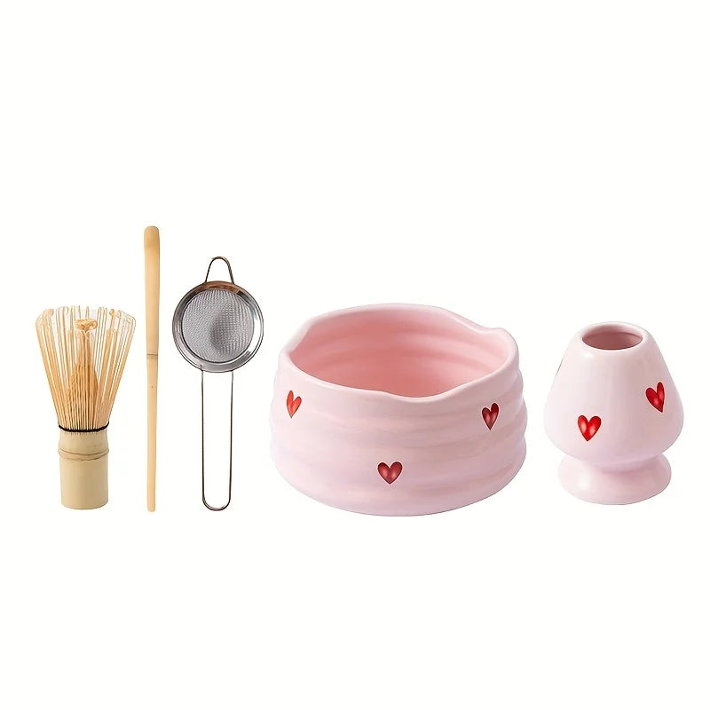 5pc Pink Heart Decal Ceramic Matcha Set
