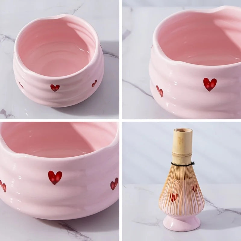 5pc Pink Heart Decal Ceramic Matcha Set