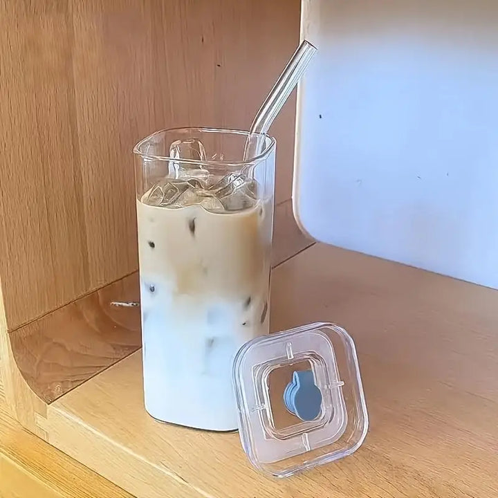 6-Piece Square Glass with Lid - Portable Drinking Mug and Coffee Mug with Lid/Straw