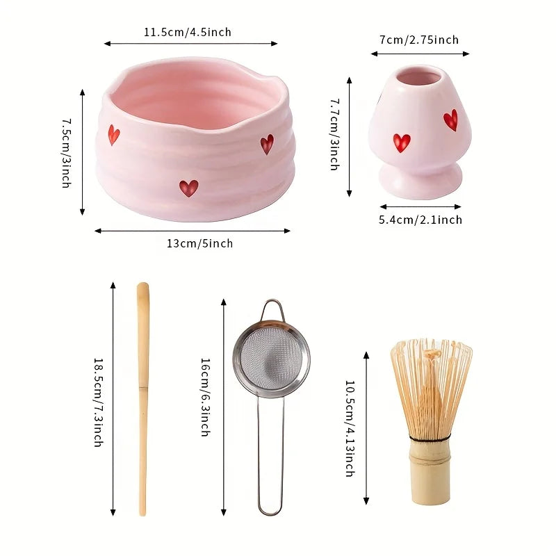 5pc Pink Heart Decal Ceramic Matcha Set
