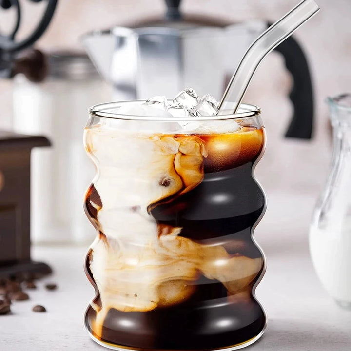 Bliss 4Pcs Aesthetic Ribbed Glass Coffee Cups With Glass Straws