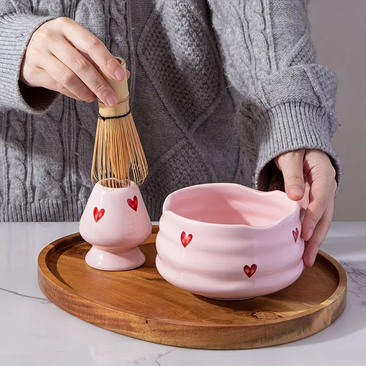 5pc Pink Heart Decal Ceramic Matcha Set