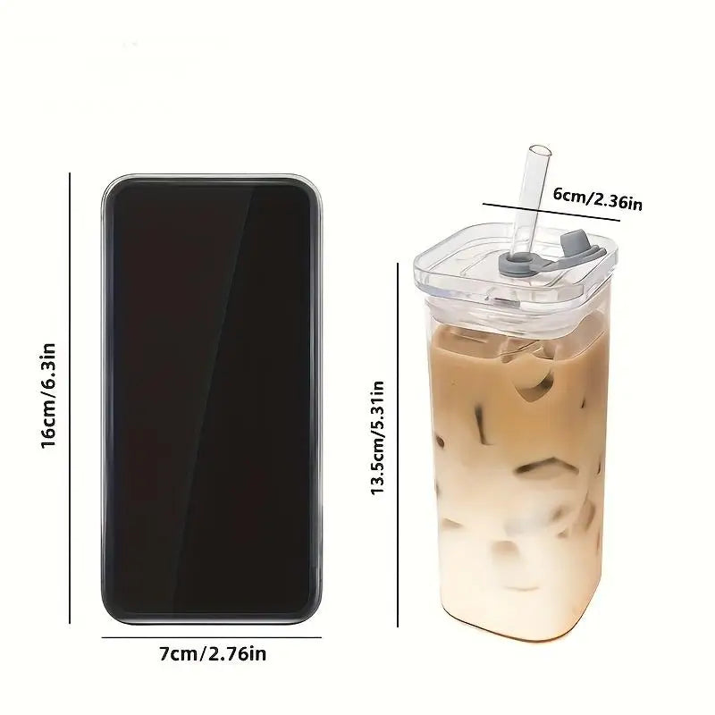 6-Piece Square Glass with Lid - Portable Drinking Mug and Coffee Mug with Lid/Straw