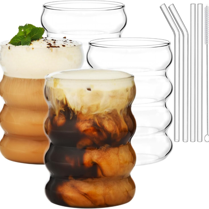 Bliss 4Pcs Aesthetic Ribbed Glass Coffee Cups With Glass Straws