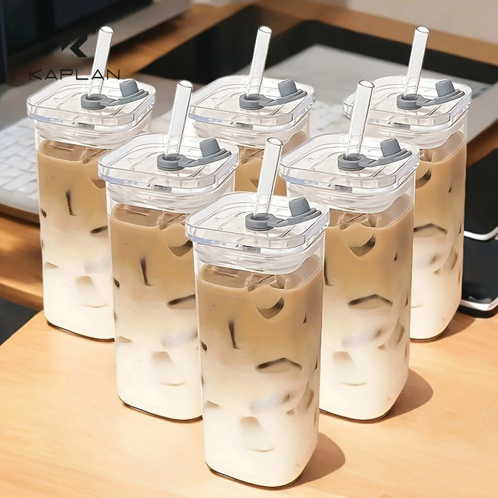 6-Piece Square Glass with Lid - Portable Drinking Mug and Coffee Mug with Lid/Straw