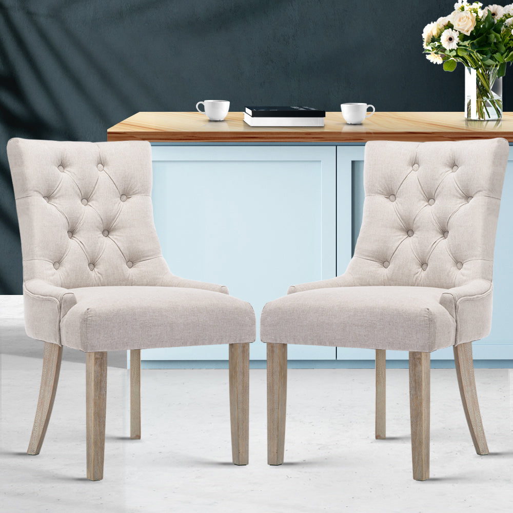 Artiss Set of 2 Dining Chair Beige CAYES French Provincial  Wooden Fabric Retro Cafe