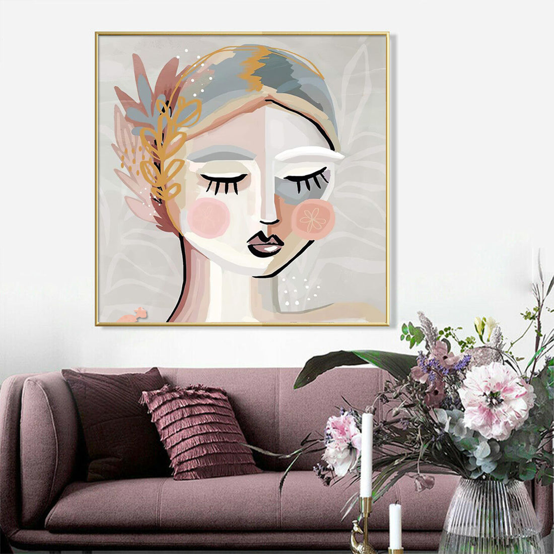 Wall Art 90cmx90cm Calm Girl Gold Frame Canvas