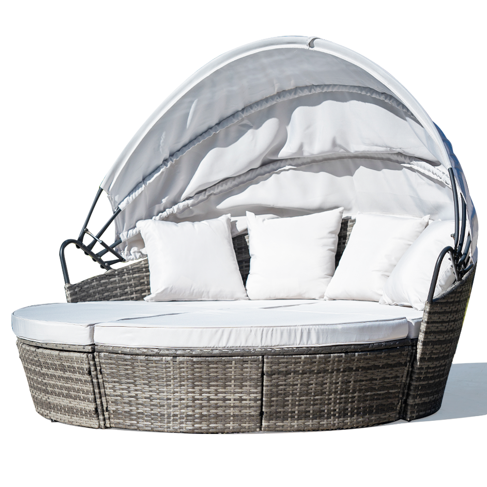 3PC Outdoor Daybed Patio Rattan Sofa Sun Lounge Furniture Grey Wicker Off White Canopy