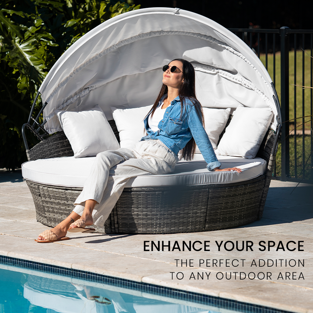 3PC Outdoor Daybed Patio Rattan Sofa Sun Lounge Furniture Grey Wicker Off White Canopy