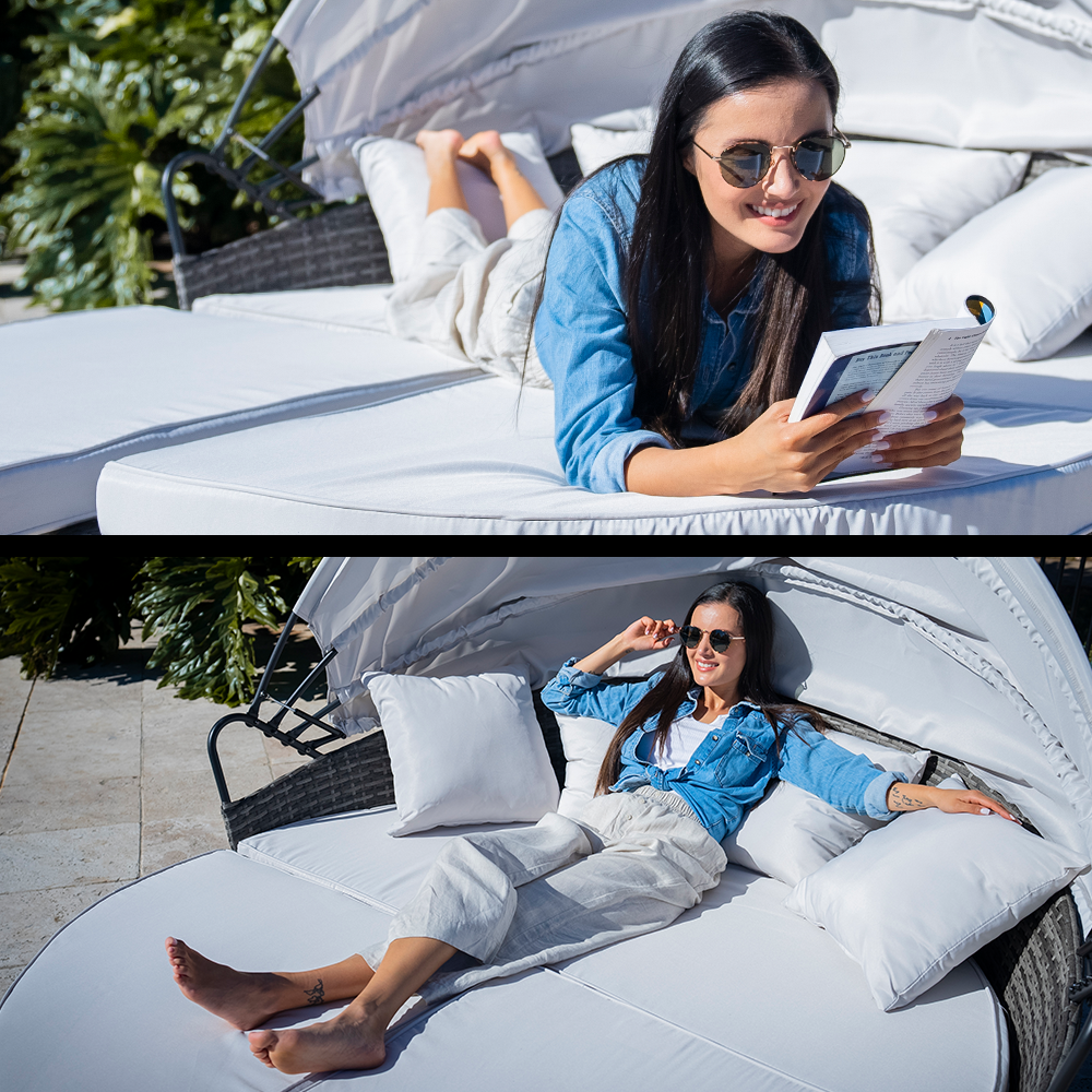 3PC Outdoor Daybed Patio Rattan Sofa Sun Lounge Furniture Grey Wicker Off White Canopy