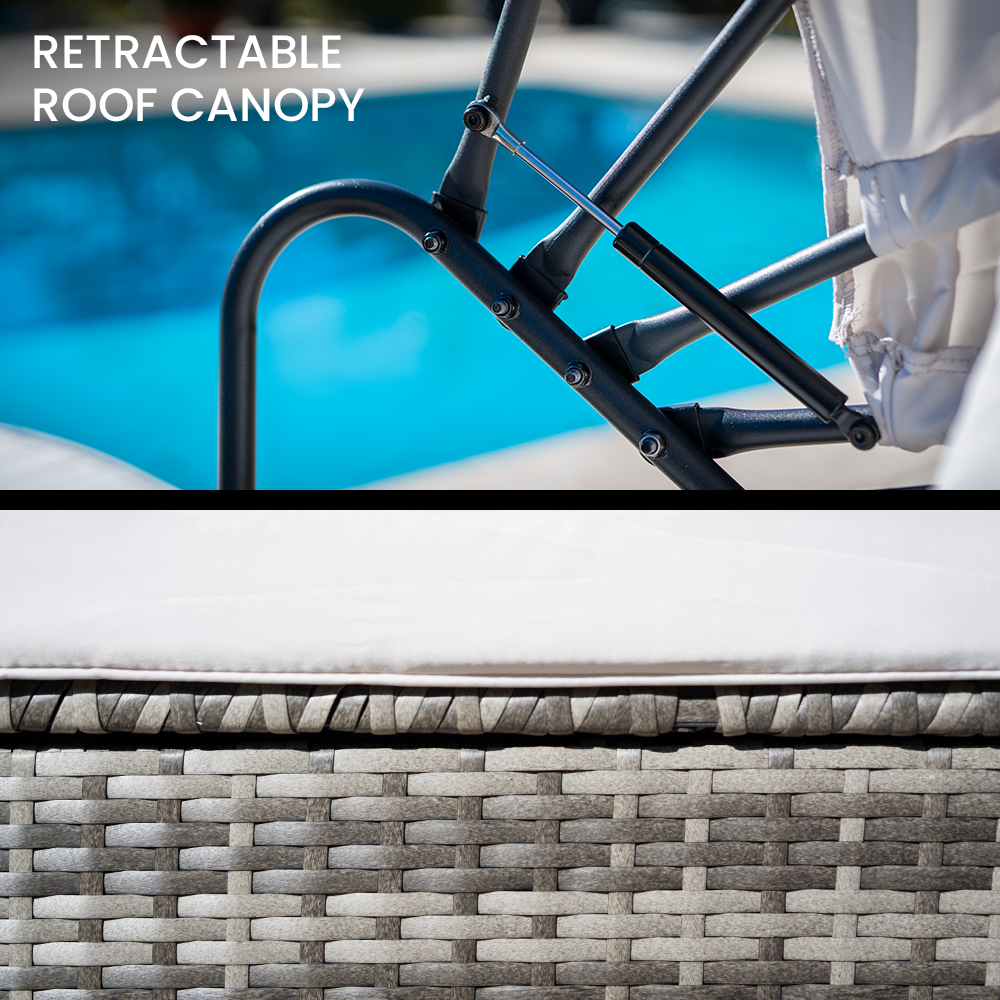 3PC Outdoor Daybed Patio Rattan Sofa Sun Lounge Furniture Grey Wicker Off White Canopy
