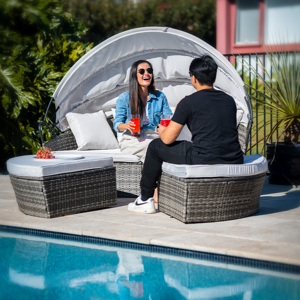 3PC Outdoor Daybed Patio Rattan Sofa Sun Lounge Furniture Grey Wicker Off White Canopy