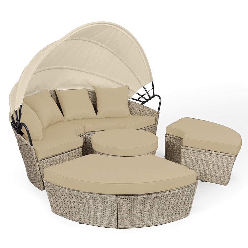 4pc Day Bed Round Lounge Outdoor Furniture, Beige Wicker and Canopy