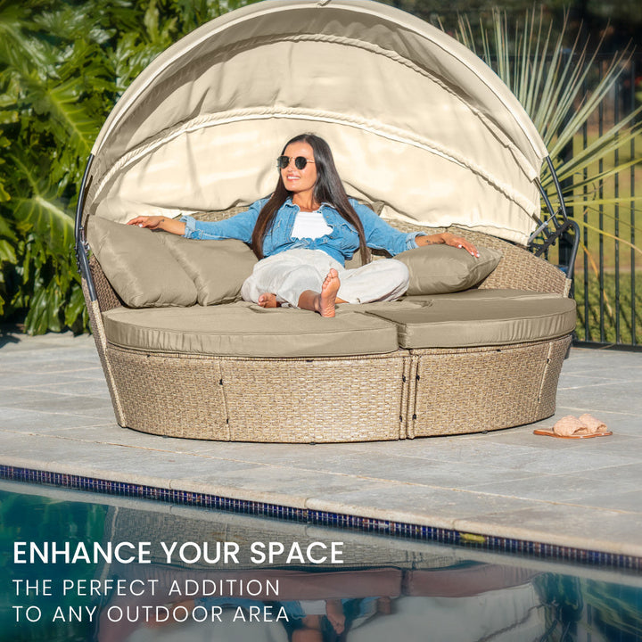 4pc Day Bed Round Lounge Outdoor Furniture, Beige Wicker and Canopy