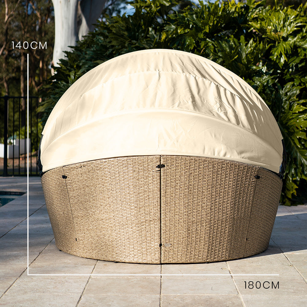4pc Day Bed Round Lounge Outdoor Furniture, Beige Wicker and Canopy