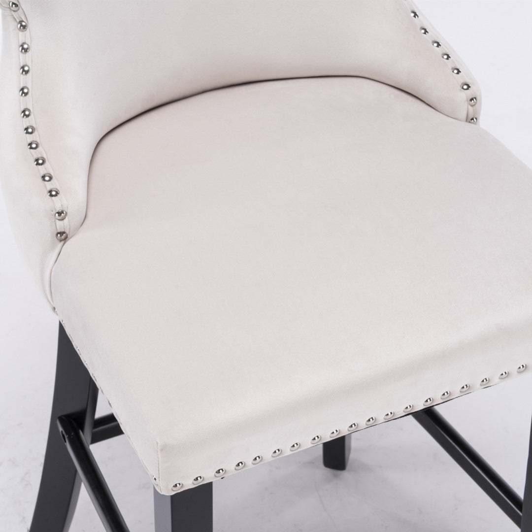 2 x Velvet Upholstered Button Tufted Bar Stools with Wood Legs and Studs-Beige