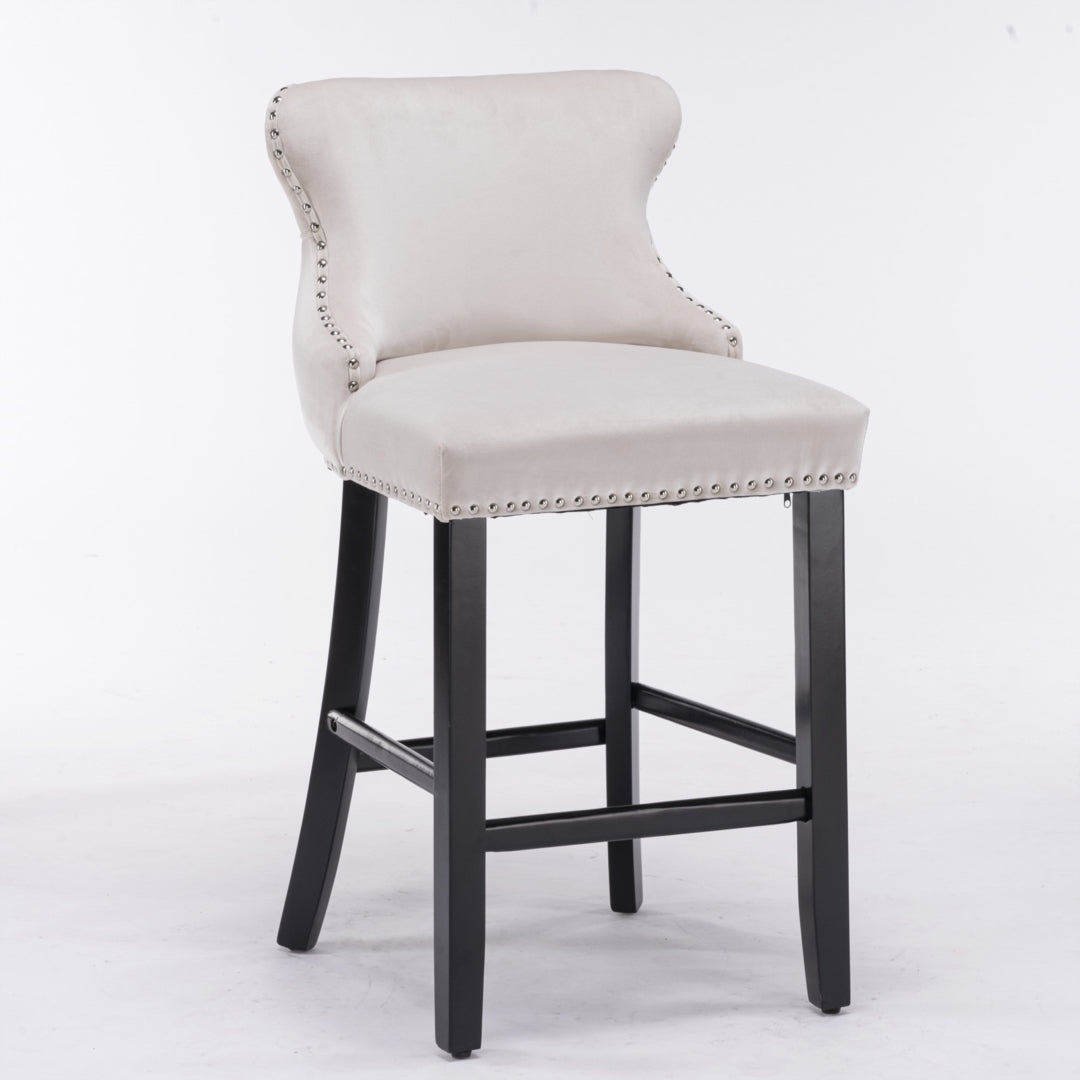 2 x Velvet Upholstered Button Tufted Bar Stools with Wood Legs and Studs-Beige