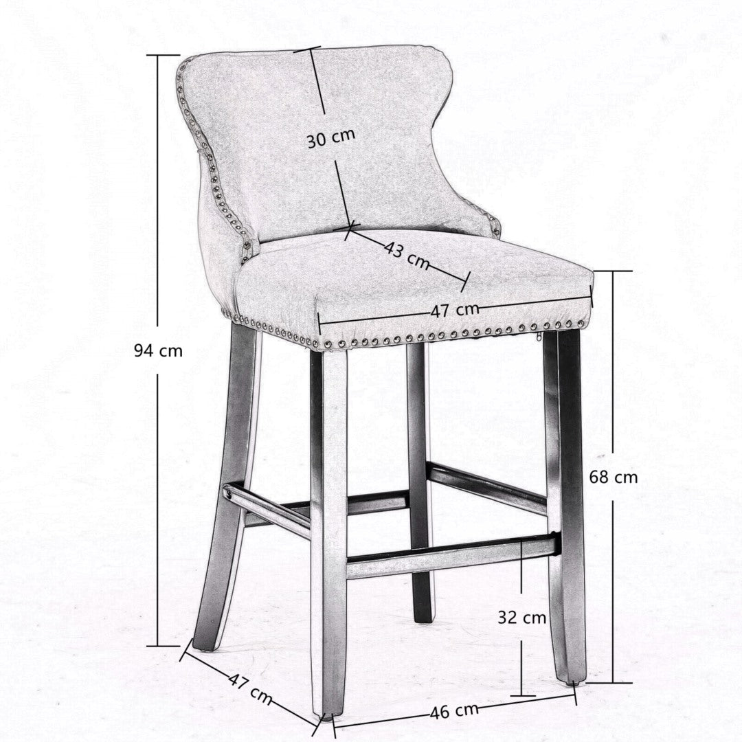 2 x Velvet Upholstered Button Tufted Bar Stools with Wood Legs and Studs-Beige