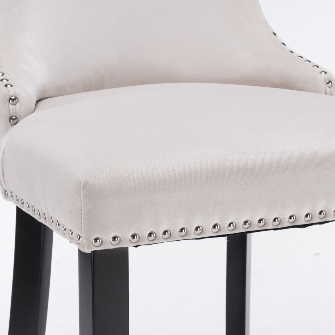 2 x Velvet Upholstered Button Tufted Bar Stools with Wood Legs and Studs-Beige
