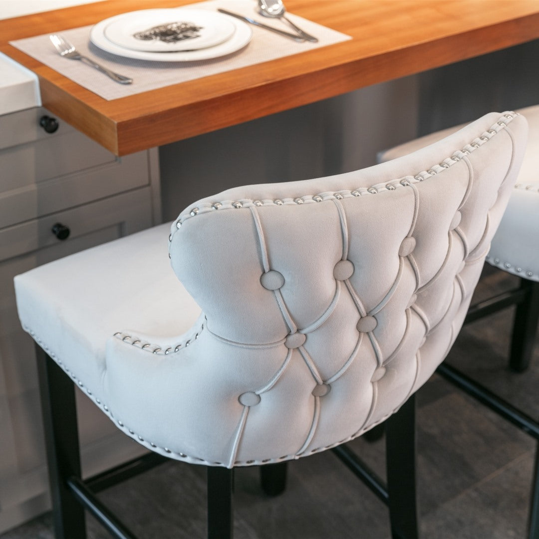 2 x Velvet Upholstered Button Tufted Bar Stools with Wood Legs and Studs-Beige