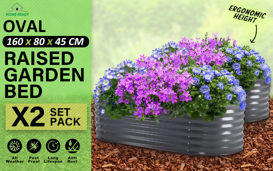2X Raised Garden Bed Galvanised Steel Planter Oval 160 x 80 x 45cm GREY