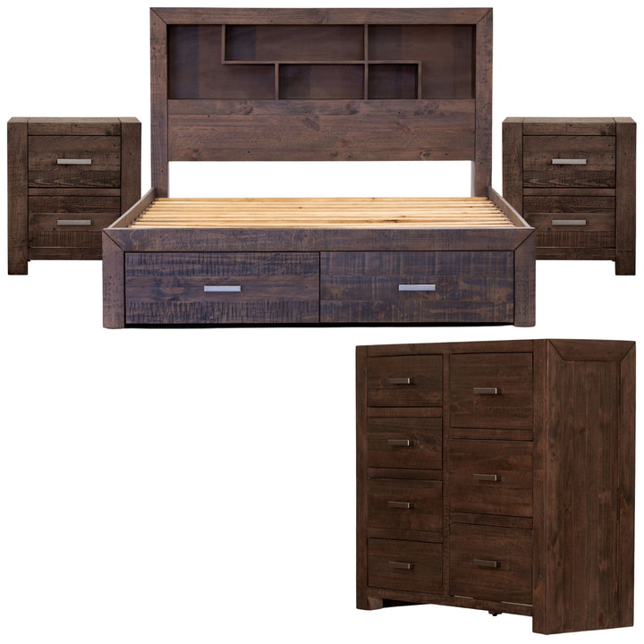 4pc Queen Bed Suite Bedside Tallboy Bedroom Furniture Package Grey Stone