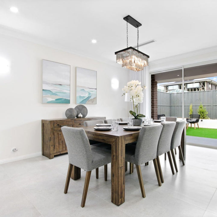 9pc Dining Set 210cm Table with 8 Solid Wood Fabric Chair
