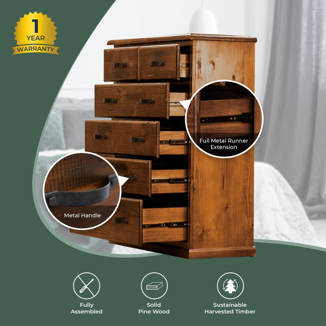 6 Chest of Drawers Solid Pine Wood Storage Cabinet - Dark Brown