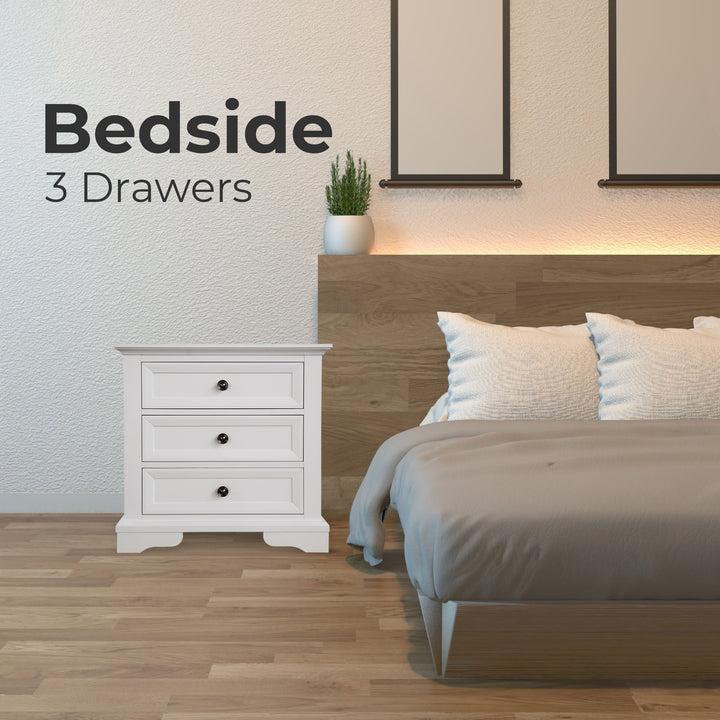 2pc Bedside Tallboy 3pc Bedroom Set Nightstand Storage Cabinet - White