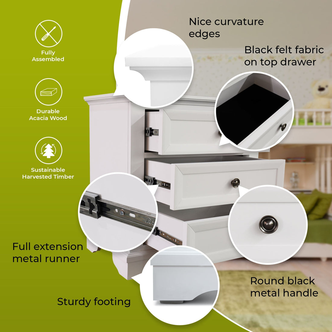 3 Drawers Bedside Table Set of 2pcs - Storage Cabinet Nightstand - White