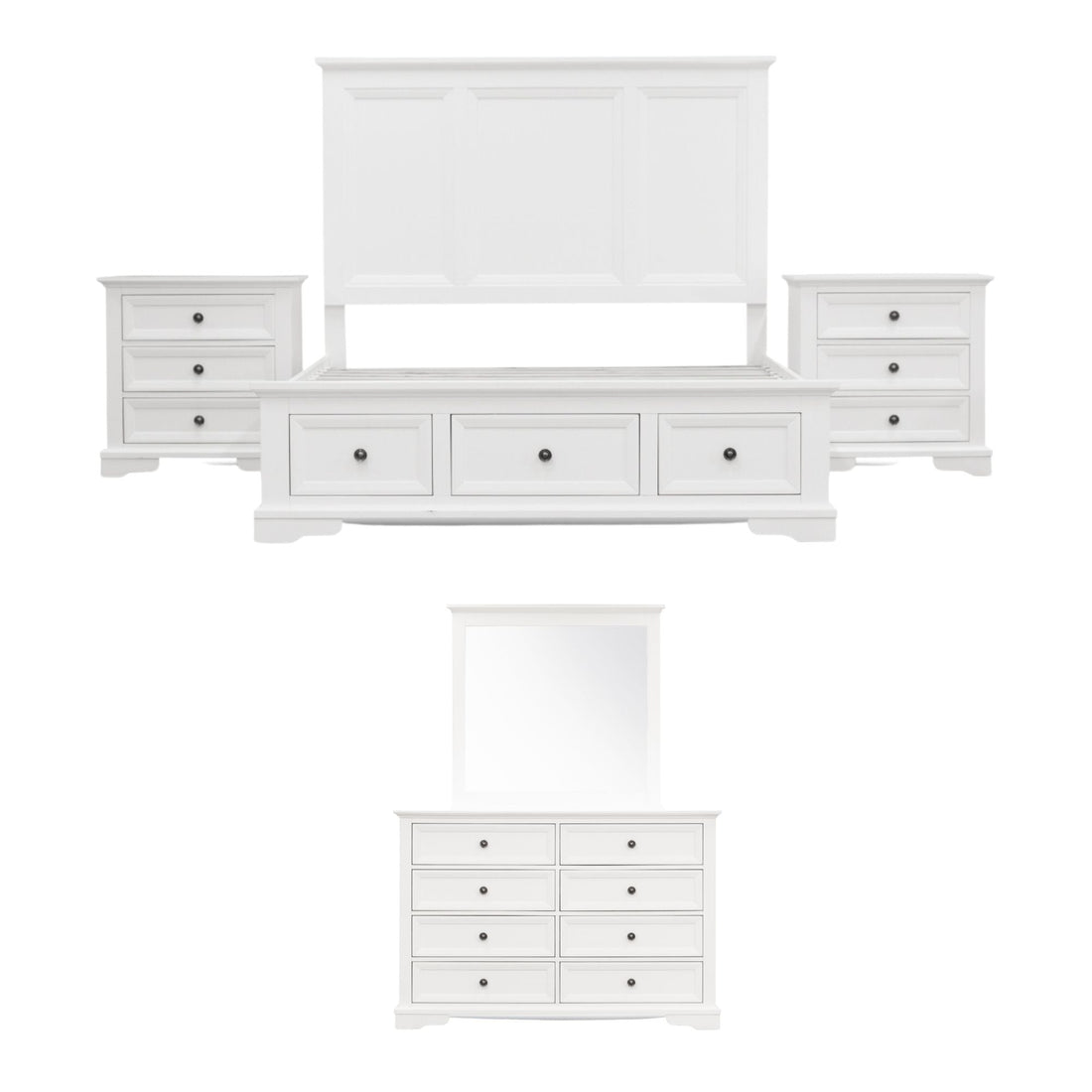5pc King Bed Frame Bedroom Suite Bedside Dresser Mirror Package - White
