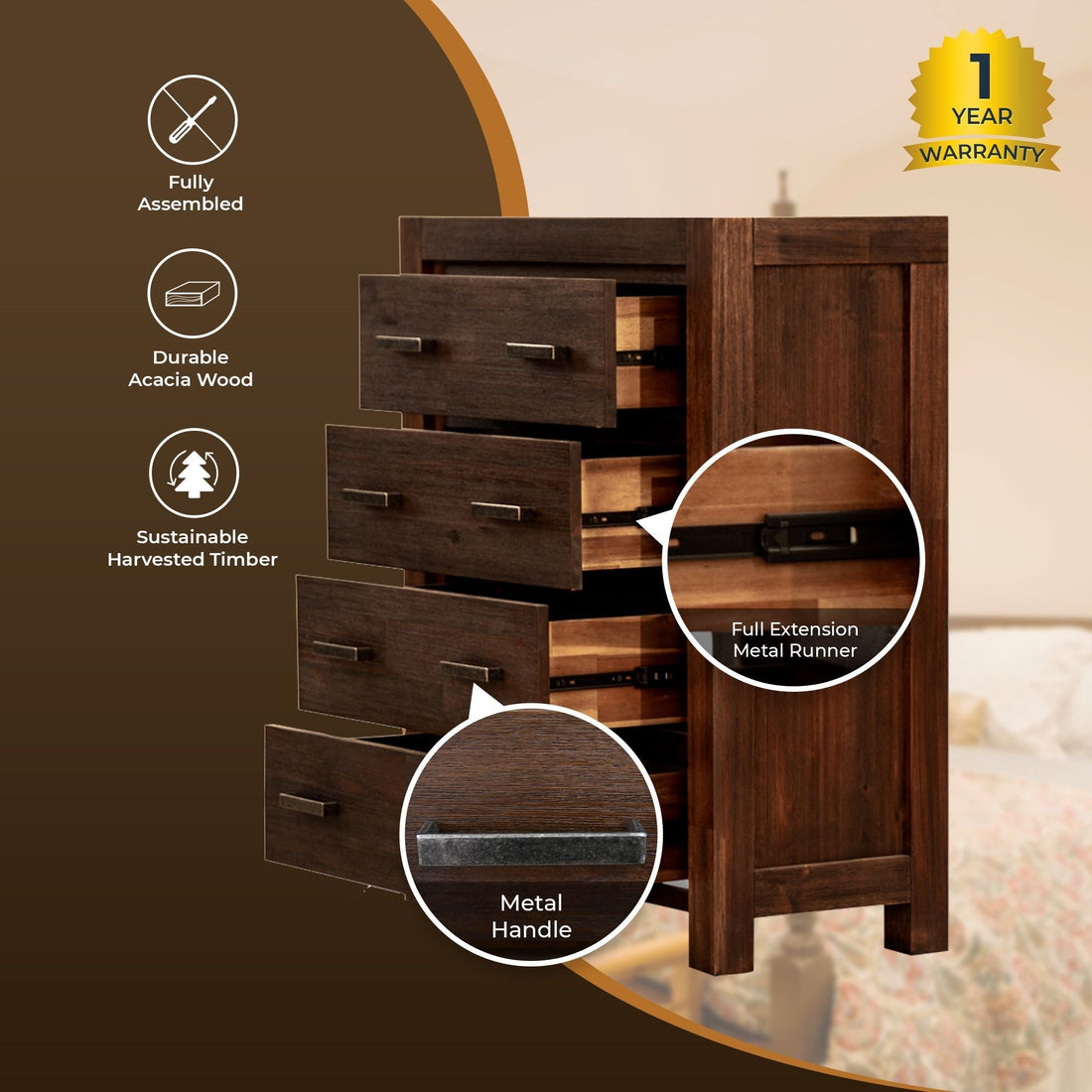 4pc Queen Bed Frame Suite Bedside Tallboy Furniture Package - Walnut