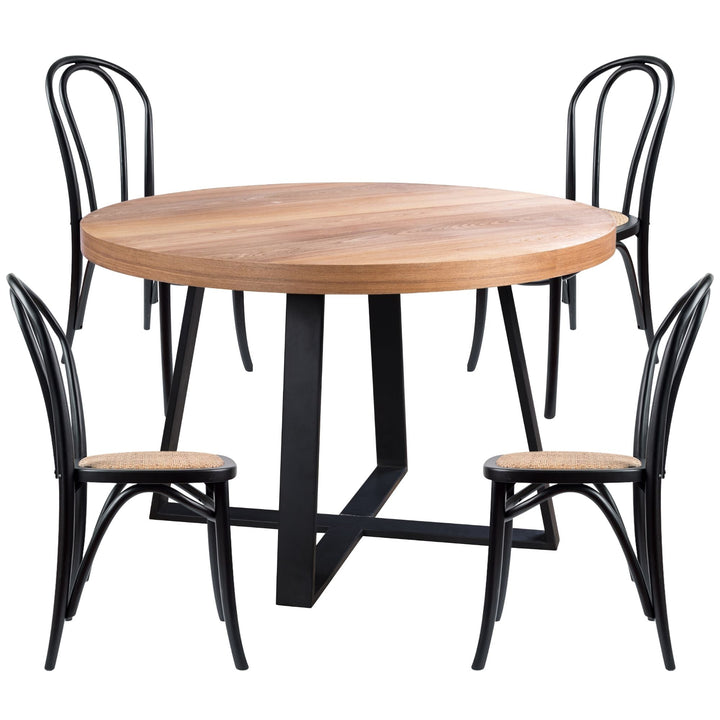 5pc 120cm Round Dining Table Set 4 Arched Back Chair Elm Timber Wood