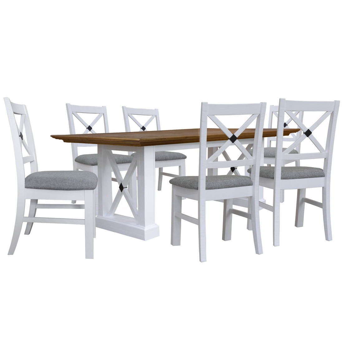 7pc Dining Set 200cm Table 6 Chair Pine Wood Hampton Furniture - Grey