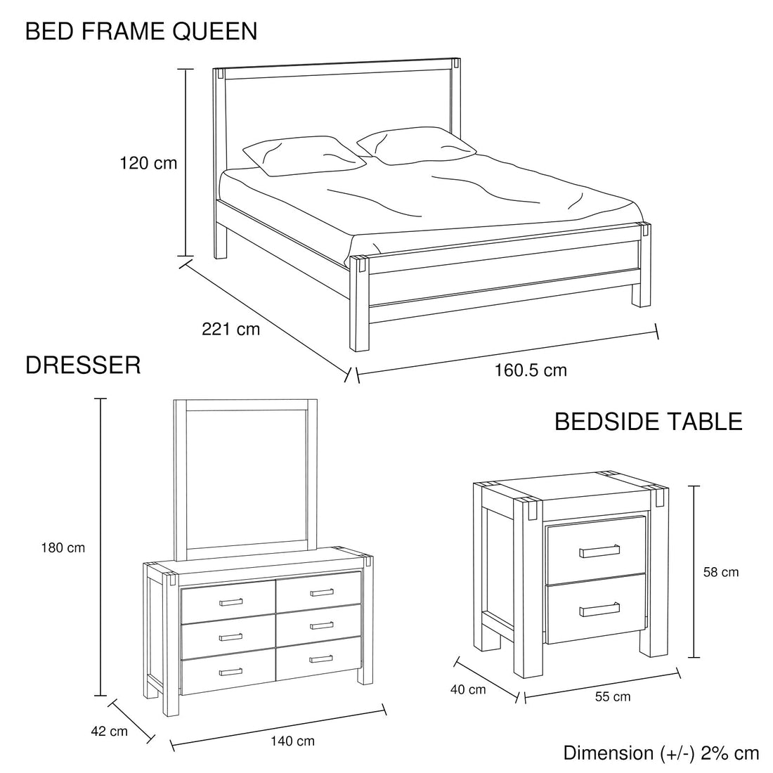 4 Pieces Queen Size Bedroom Suite in Solid Wood
