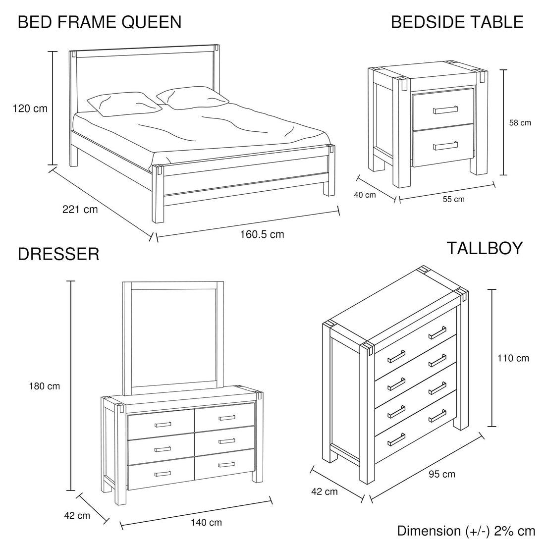 5 Pieces Queen Size Bedroom Suite in Solid Wood