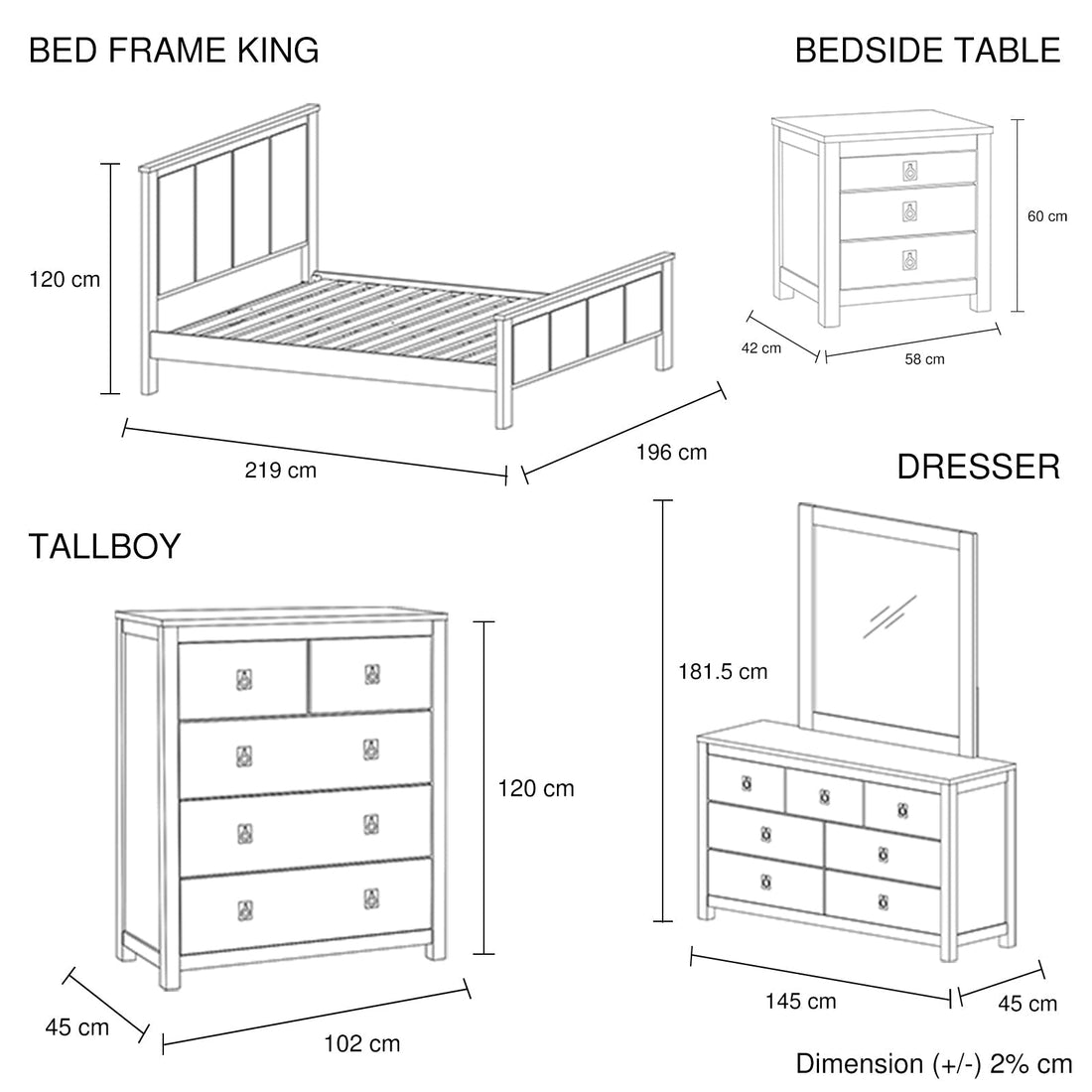 5 Pieces King Size Bedroom Suite with Solid Acacia Wood